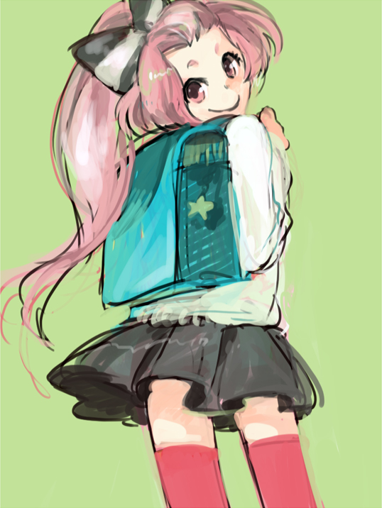 backpack, bag, bow, genderswap, hair_bow, ittekima_skunk, long_hair, matsushita_mino