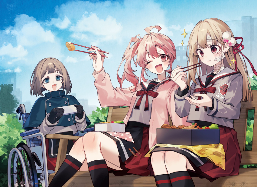 3girls, ahoge, bandaged_neck, bandages, bento, blonde_hair, blue_eyes, blue_sky, breasts, brown_hair, chopsticks, closed_mouth, clouds, commentary_request, gokumon_nadeshiko, gokumon_nadeshiko_koko_ni_ari, grey_serafuku, hair_ornament, hair_ribbon, highres, holding, holding_chopsticks, jacket, kamashita_touka, long_hair, long_sleeves, looking_at_viewer, lunchbox, miotsukushi_shinobu, multiple_girls, open_clothes, open_jacket, open_mouth, oshioshio, outdoors, pink_hair, pink_jacket, red_eyes, red_ribbon, red_skirt, ribbon, sailor_collar, school_uniform, second-party_source, serafuku, sitting, skirt, sky, tassel, wheelchair, white_sailor_collar