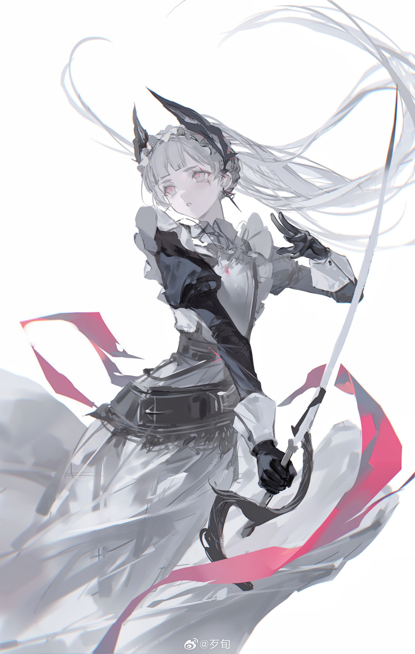 1girl, absurdres, apron, arknights, black_dress, black_gloves, chinese_commentary, chunbuchou, commentary, dress, earrings, floating_hair, gloves, grey_eyes, head_wings, highres, holding, holding_sword, holding_weapon, irene_(arknights), irene_(voyage_of_feathers)_(arknights), jewelry, juliet_sleeves, long_hair, long_sleeves, maid_apron, maid_headdress, pink_pupils, pink_ribbon, puffy_sleeves, ribbon, scar, scar_across_eye, scar_on_face, solo, sword, very_long_hair, watermark, weapon, weibo_watermark, white_apron, white_background, white_hair, wings