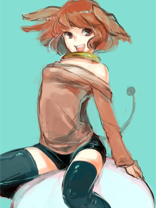 animal_ears, bare_shoulders, brown_eyes, brown_hair, collar, dog_ears, genderswap, konnichi_wan