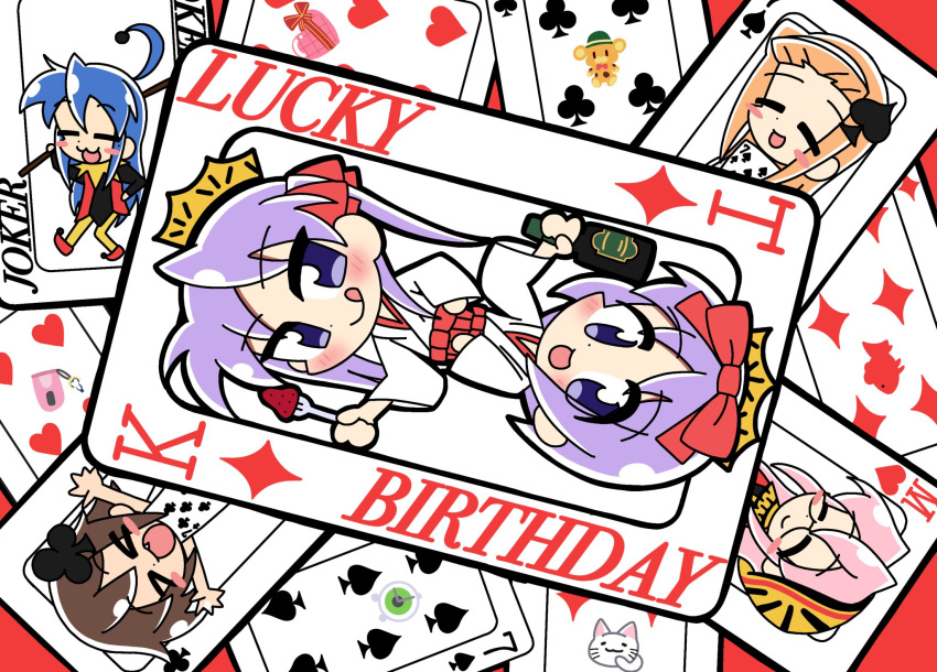 6+girls, blue_hair, blush, bonta-kun, bottle, box, brown_hair, card