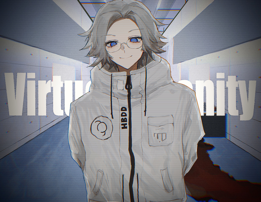 1boy, aotsuki_eito, arms_behind_back, blue_eyes, glasses, grey_hair, highres, jacket