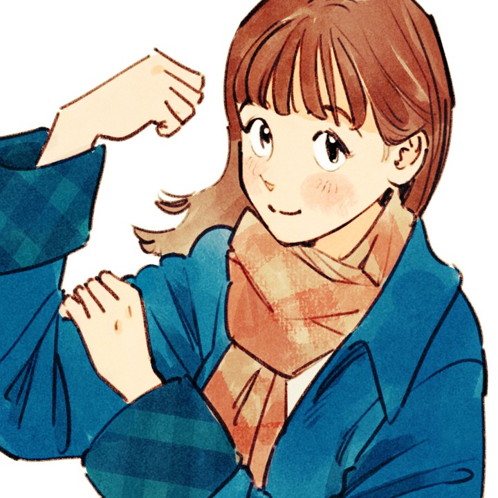 1girl, black_eyes, blue_coat, brown_hair, brown_scarf, choppy_bangs, closed_mouth, coat