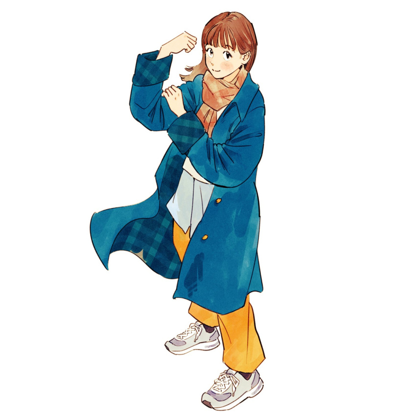 1girl, black_eyes, blue_coat, brown_hair, brown_scarf, choppy_bangs, closed_mouth, coat