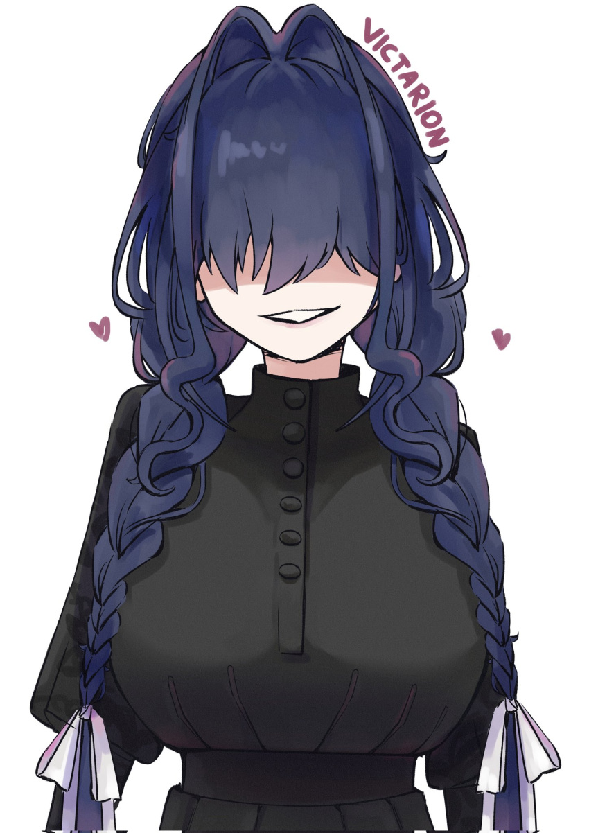 1girl, artist_name, black_dress, black_hair, braid, breasts, dress, english_commentary