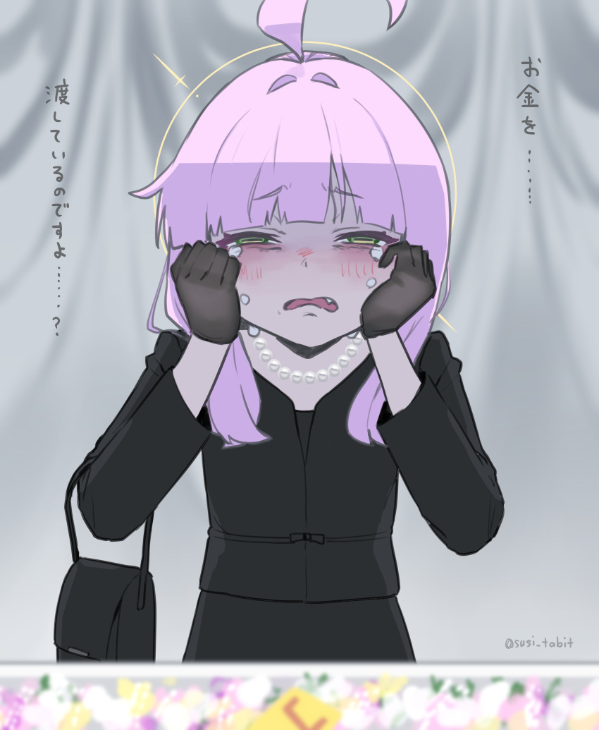 1girl, absurdres, ahoge, bag, bead_necklace, beads, black_bag, black_gloves