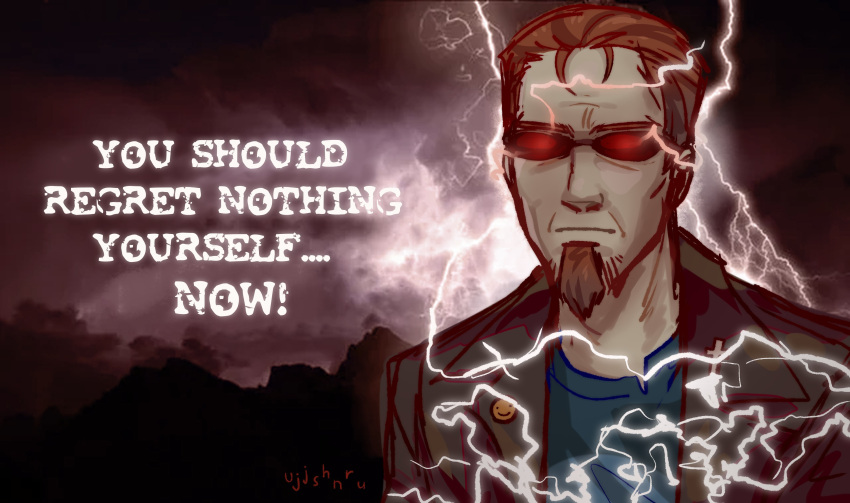 1boy, absurdres, artist_name, badge, black_jacket, blue_sky, brown_hair, button_badge, closed_mouth, facial_hair, frown, goatee, highres, jacket, lightning, meme, open_clothes, open_jacket, postal_(game), postal_dude, red-tinted_eyewear, sky, smiley_print, solo, sunglasses, tinted_eyewear, ujjshnru, you_should_kill_yourself_now_(meme)