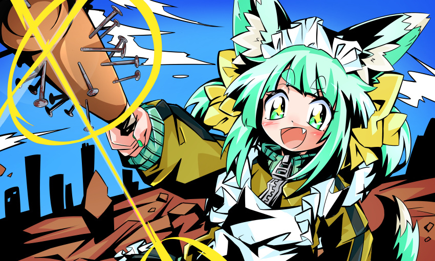 +_+, 1girl, :d, absurdres, animal_ear_fluff, animal_ears, aqua_hair, bakunyuu_gorilla, baseball_bat, blue_sky, blush, clouds, commentary_request, day, dot_nose, eyelashes, fang, fox_ears, fox_girl, fox_tail, glint, green_eyes, green_nails, highres, holding, holding_baseball_bat, long_sleeves, maid_headdress, nail_(hardware), nail_bat, open_mouth, original, outdoors, rust, sky, smile, solo, tail, thick_eyebrows, ttgl_eyecatch, turtleneck, upper_body, zipper