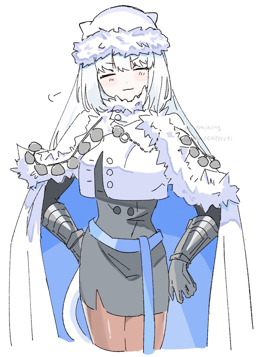 1girl, animal_ears, belt, blue_belt, breasts, cape, capelet, cat_ears, cat_girl, cat_tail, closed_eyes, crop_top, crop_top_overhang, dobrynya_nikitich_(fate), dobrynya_nikitich_(first_ascension)_(fate), dress, fate/grand_order, fate_(series), fur-trimmed_cape, fur-trimmed_capelet, fur-trimmed_headwear, fur_trim, gauntlets, grey_dress, highres, lajomcgolf85641, long_hair, long_sleeves, low_ponytail, ponytail, shadow, smile, smirk, solo, tail, thigh-highs, white_cape, white_capelet, white_hair