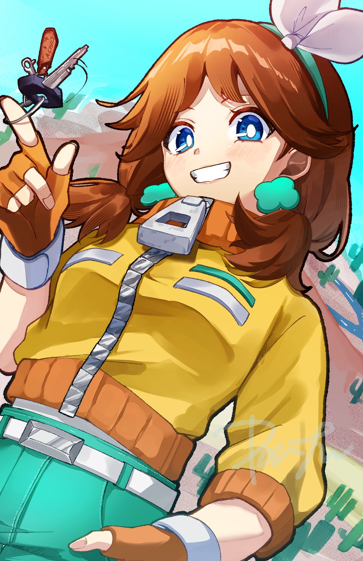 1girl, aqua_hairband, aqua_shorts, blue_eyes, bow, brown_hair, cropped_jacket, denim