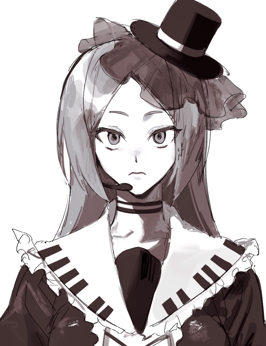 1boy, aa_kabeuchi, choker, closed_mouth, commentary_request, dress, fascinator, frown