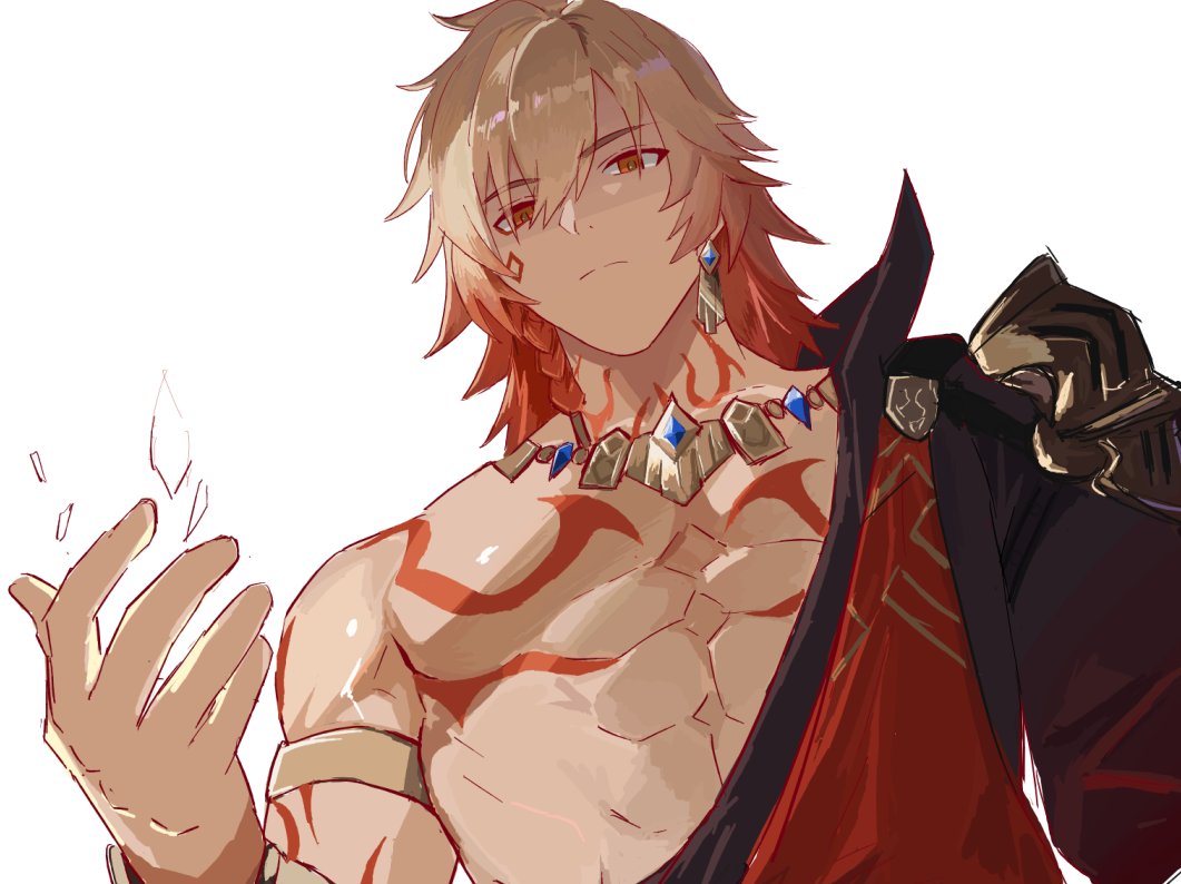 1boy, a_ohkami, abs, blonde_hair, braid, chest_tattoo, closed_mouth, eyeliner, facial_tattoo, from_below, gold_necklace, gradient_hair, hair_between_eyes, hashtag-only_commentary, honkai:_star_rail, honkai_(series), jewelry, looking_at_viewer, makeup, male_focus, medium_hair, multicolored_hair, mydei_(honkai:_star_rail), necklace, no_nipples, pectorals, red_eyeliner, red_hair, red_tattoo, side_braid, simple_background, solo, tattoo, upper_body, white_background, yellow_eyes