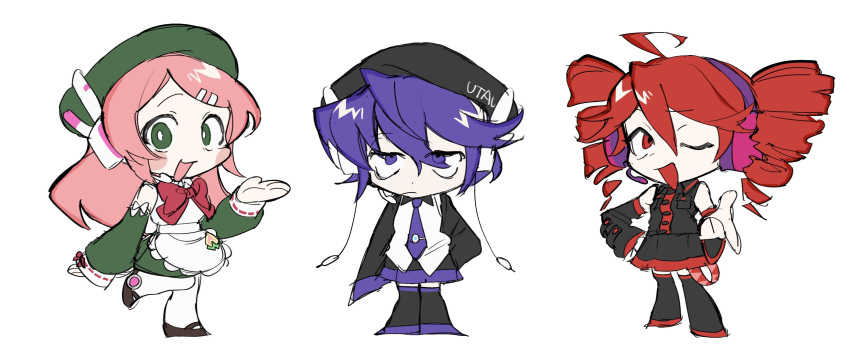 3girls, aa_kabeuchi, apron, beret, black_boots, black_hat, black_shirt, black_skirt
