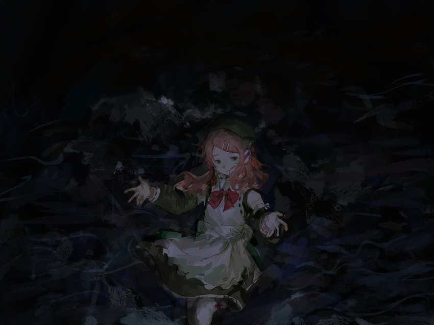1girl, absurdres, apron, beckoning, beret, bow, bowtie, closed_mouth, dark, detached_sleeves, dress, feet_out_of_frame, floating_hair, green_dress, green_eyes, green_hat, green_sleeves, hat, highres, light_smile, long_hair, long_sleeves, looking_at_viewer, momone_momo, night, outdoors, outstretched_arms, pink_hair, red_bow, red_bowtie, short_dress, sleeveless, sleeveless_dress, solo, swept_bangs, utau, waves, white_apron, yosan_(yosan1130)