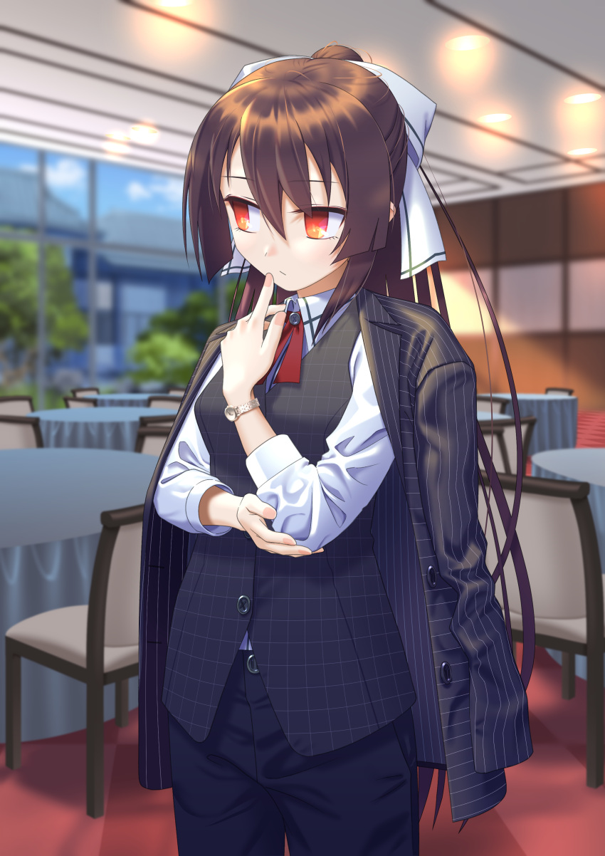 1girl, absurdres, black_jacket, black_pants, black_vest, breasts, brown_hair, buttons, chair, closed_mouth, collared_shirt, hair_ribbon, hand_up, highres, indoors, jacket, long_hair, long_sleeves, looking_to_the_side, miracle_tou, okuribi, open_clothes, open_jacket, pants, ponytail, rance_(series), red_eyes, ribbon, shirt, solo, standing, table, vest, watch, watch, white_ribbon, white_shirt