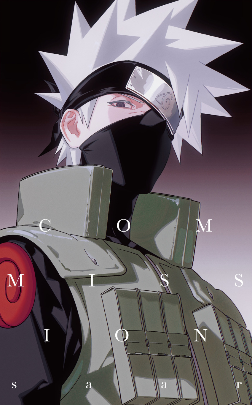 1boy, absurdres, black_background, black_eyes, commentary, commission, english_text, flak_jacket