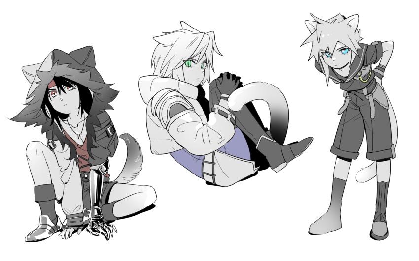 3boys, aged_down, animal_ear_hood, animal_ears, between_legs, blue_bodysuit, bodysuit, boots