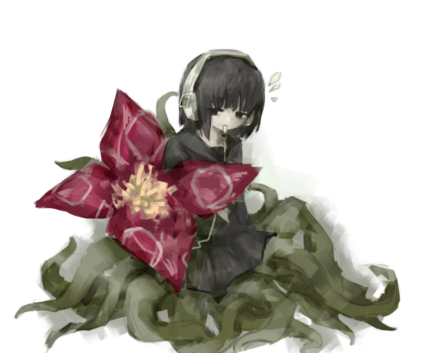 1girl, black_eyes, black_hair, black_sailor_collar, black_serafuku, black_shirt, black_skirt, flower