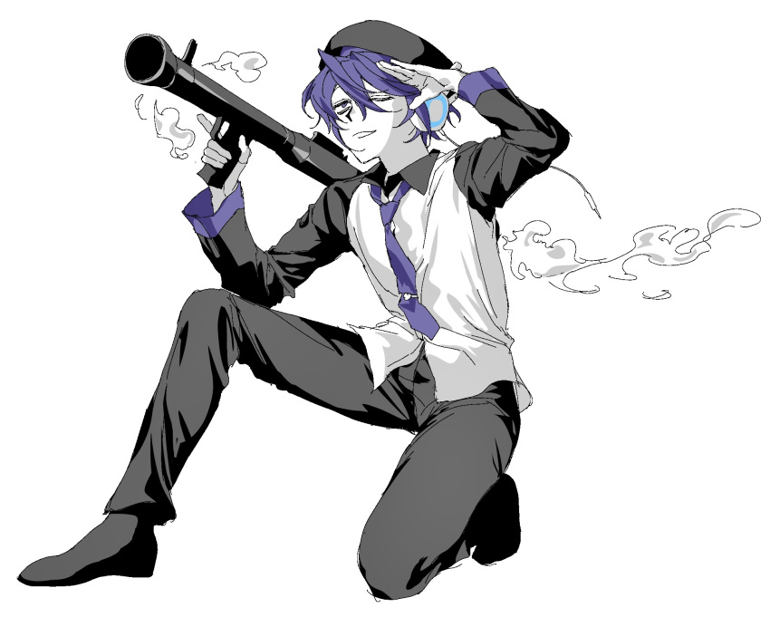 1girl, aa_kabeuchi, beret, collared_shirt, commentary_request, exhaust, full_body, hat, highres, holding, holding_rocket_launcher, holding_weapon, index_finger_raised, long_sleeves, necktie, on_one_knee, one_eye_closed, open_mouth, pants, partially_colored, purple_hair, purple_necktie, robot_ears, rocket_launcher, shading_eyes, shirt, shoes, short_hair, simple_background, smirk, smoke, solo, utane_uta, utau, violet_eyes, weapon