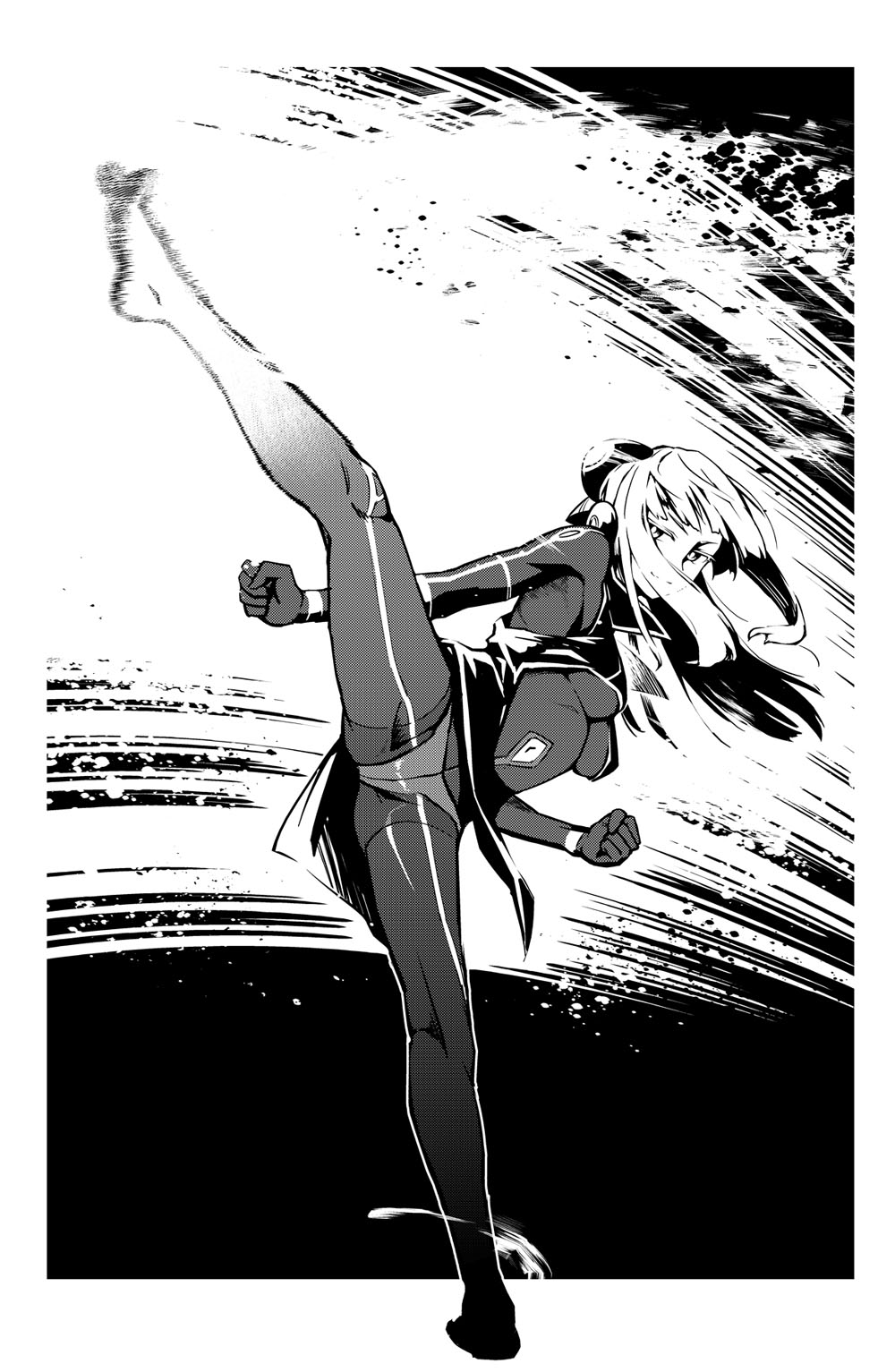 breasts, electro_emilia, fighting_stance, hide_e, highres, imada_hidehito, kicking, legs