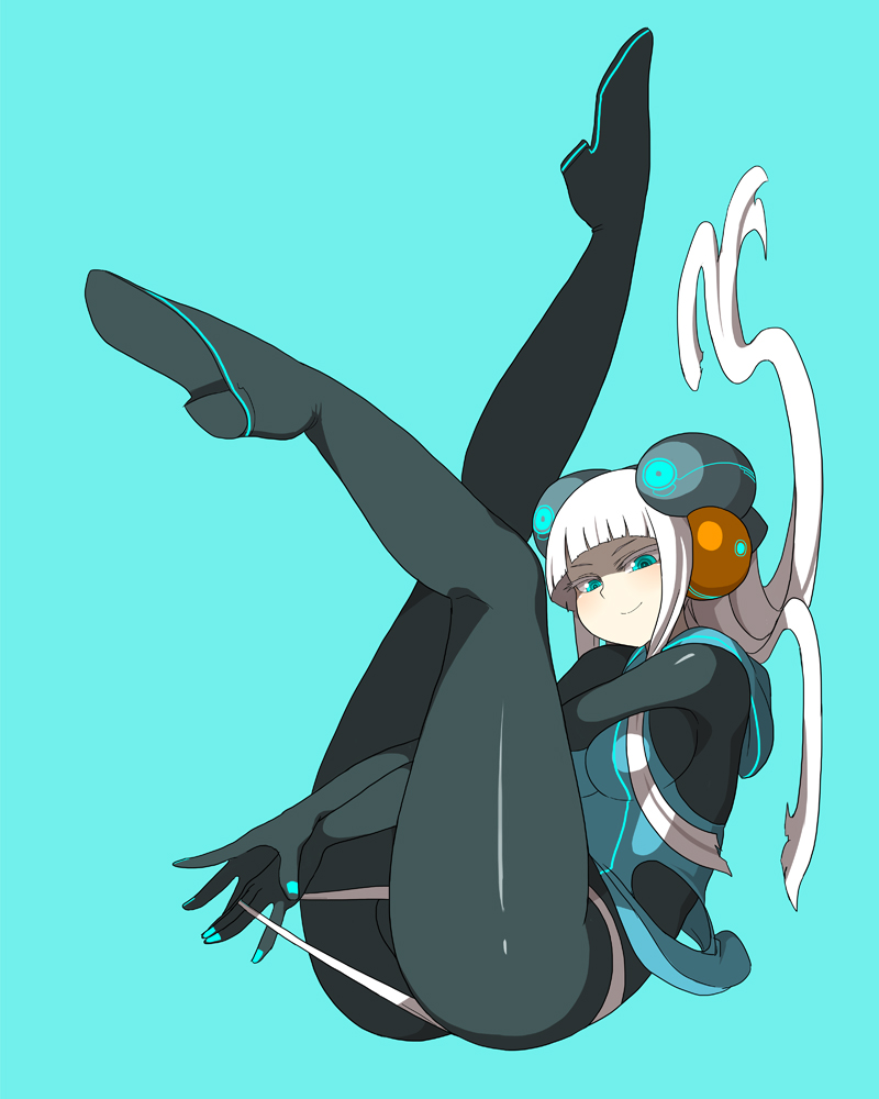ass, blush, bodysuit, electro_emilia, fingernails_over_gloves, ken_(koala), latex, legs, legs_up, long_hair, original, panties, panties_over_pantyhose, panty_pull, pantyhose, shiny, silver_hair, smile, solo, underwear, white_hair