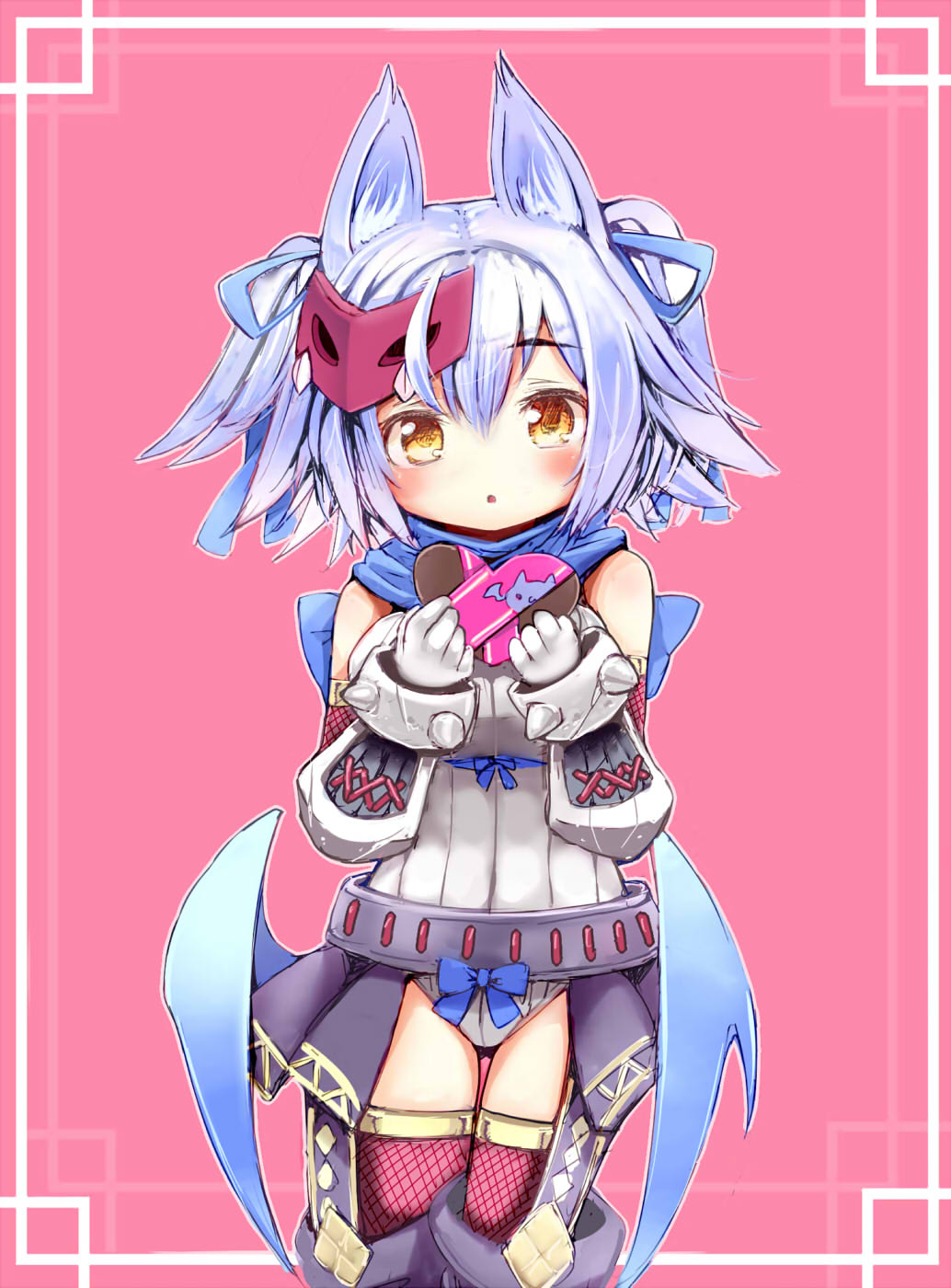 1girl, ajitarou_(setsu), animal_ears, bare_shoulders, blue_hair, blue_ribbon, blue_scarf, blue_skirt, bodysuit, bow, chocolate, delucky_alma, emil_chronicle_online, fishnet_thighhighs, fishnets, food, gift, hair_bow, hair_ornament, hand_guard, highres, holding, holding_chocolate, holding_food, red_thighhighs, ribbon, scarf, simple_background, skirt, standing, thigh-highs, two_side_up, yellow_eyes