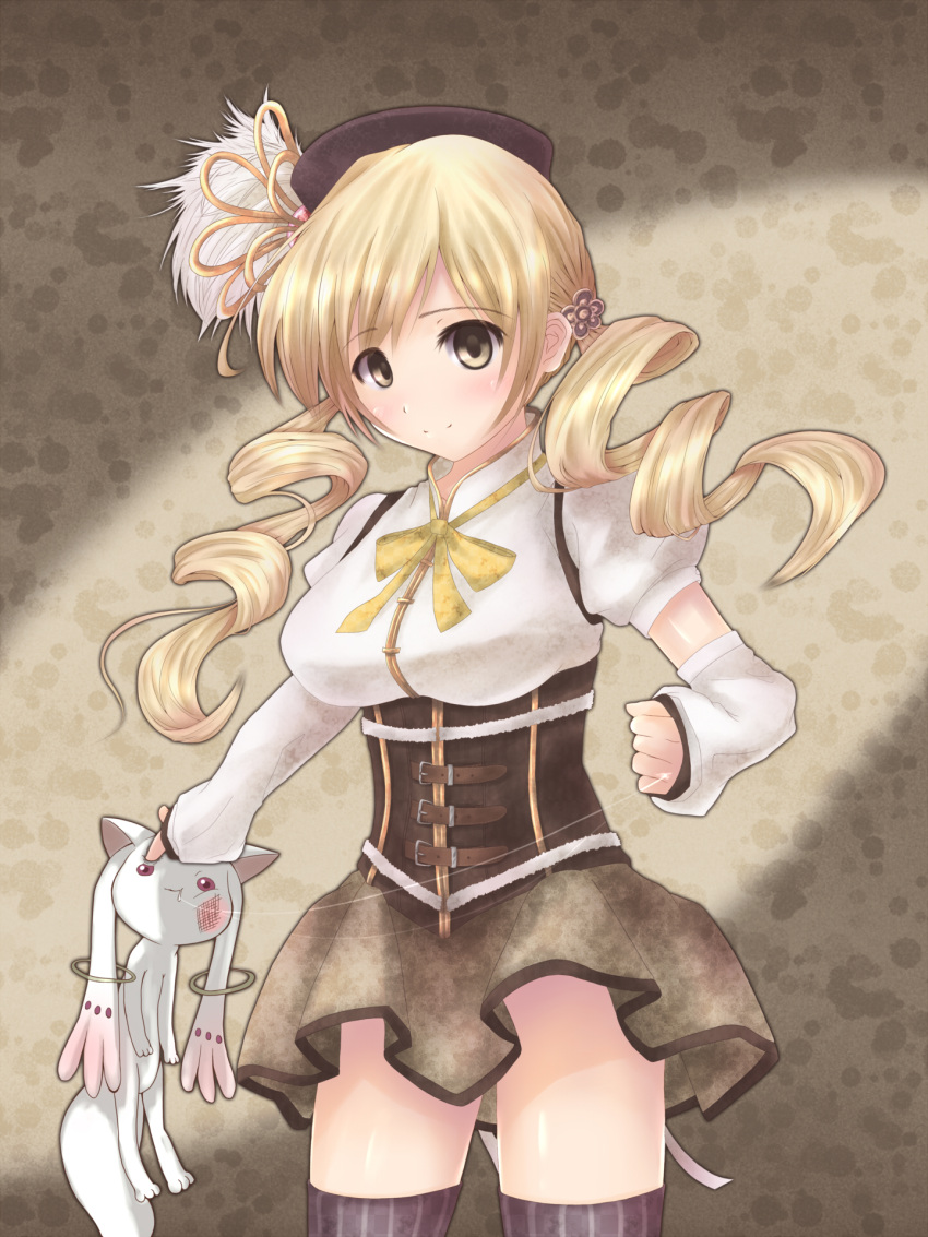 blonde_hair, breasts, corset, drill_hair, hair_ornament, hat, highres, kyubey