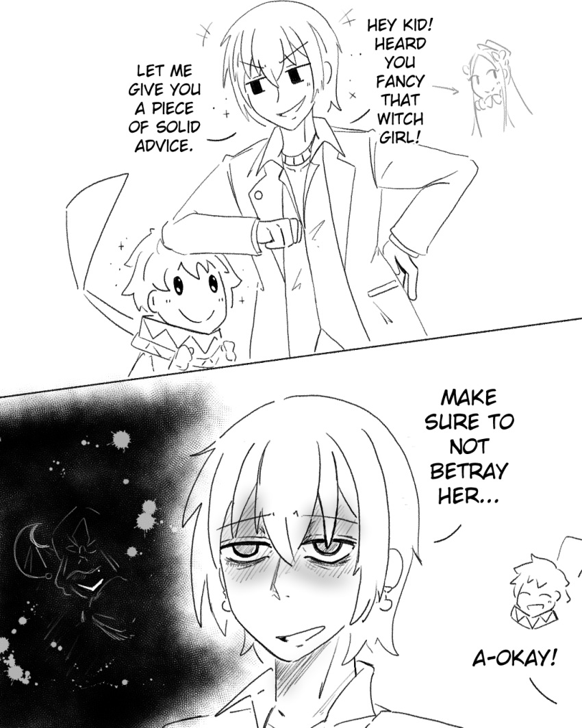 1girl, 2boys, abigail_williams_(fate), abigail_williams_(first_ascension)_(fate), bow, earrings, elbow_on_another's_head, english_text