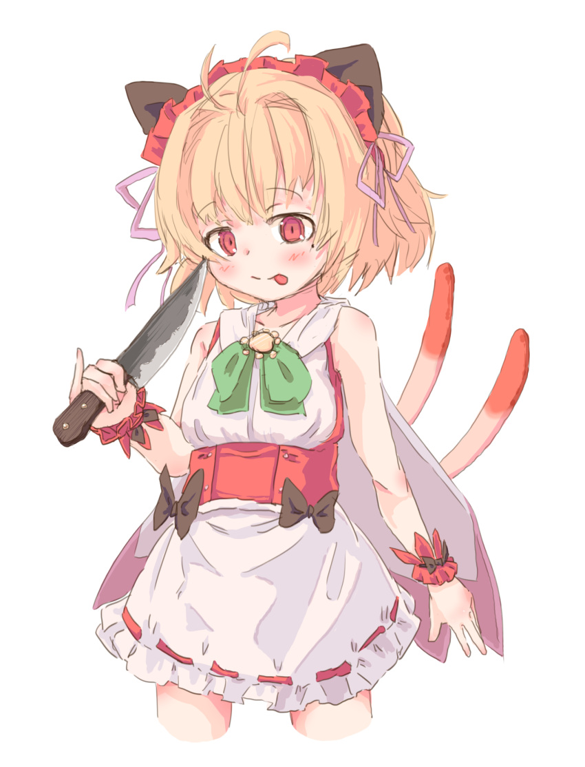 1girl, :p, ahoge, apron, bare_shoulders, blonde_hair, emil_chronicle_online, frilled_apron