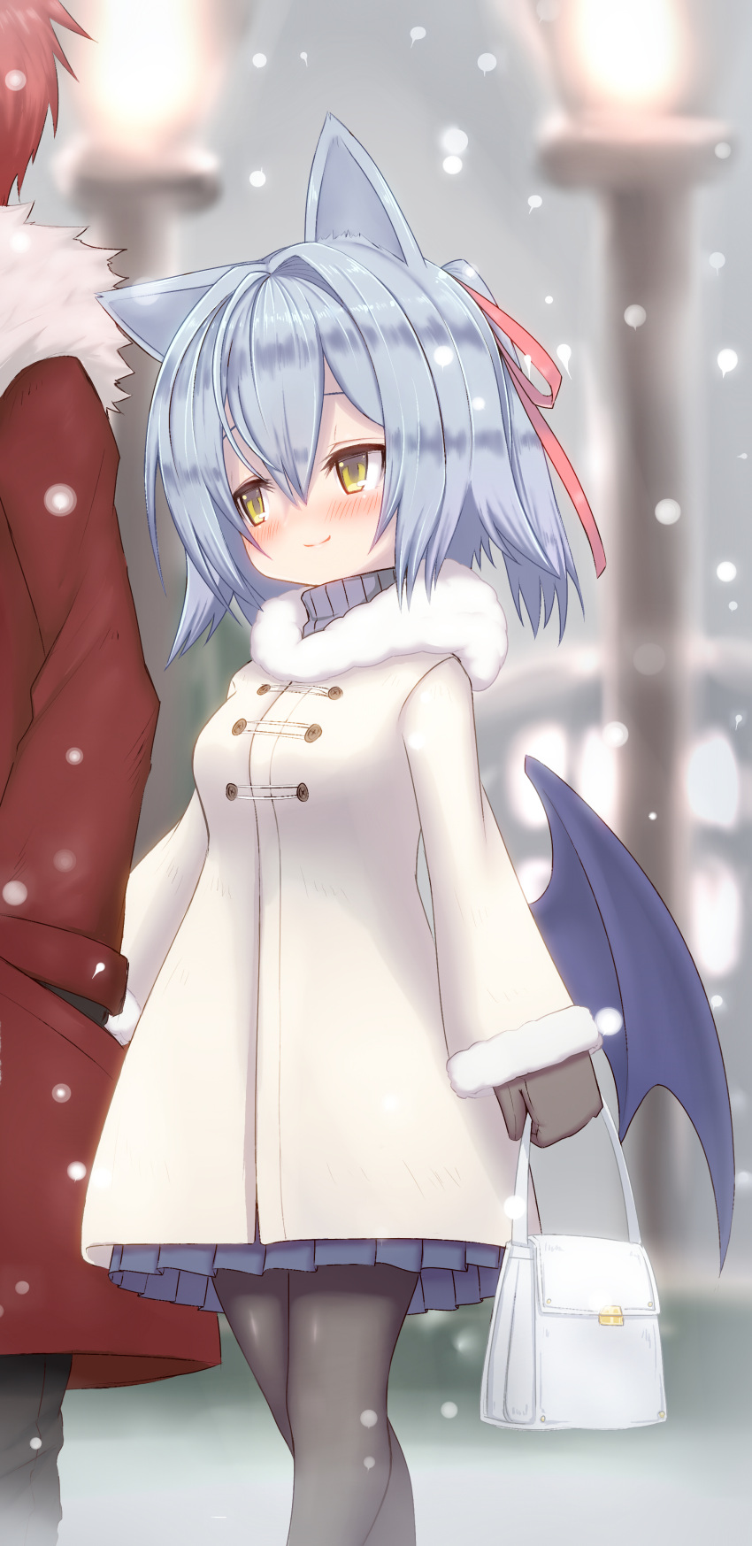 1boy, 1girl, absurdres, animal_ears, bag, bat_wings, black_gloves, black_thighhighs, blue_hair, blue_skirt, blush, coat, delucky_alma, emil_chronicle_online, gloves, hair_ribbon, highres, lamppost, rafoll, red_coat, red_hair, red_ribbon, ribbon, skirt, snow, thigh-highs, white_bag, white_coat, wings, winter, winter_uniform, yellow_eyes