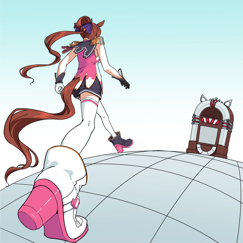 1girl, absurdres, animal_ears, asymmetrical_footwear, asymmetrical_gloves, boots, brown_hair, epaulettes, fringe_trim, gameplay_mechanics, gloves, hair_ribbon, high_heel_boots, high_heels, highres, horse_ears, horse_girl, horse_tail, hyoutan_tan, jojo_no_kimyou_na_bouken, jukebox, meme, mismatched_footwear, mismatched_gloves, oh?_you're_approaching_me?_(meme), parody, ponytail, ribbon, sakura_bakushin_o_(umamusume), shirt, shorts, simple_background, sleeveless, sleeveless_shirt, solo, stardust_crusaders, tail, thigh-highs, tile_floor, tiles, umamusume, walking