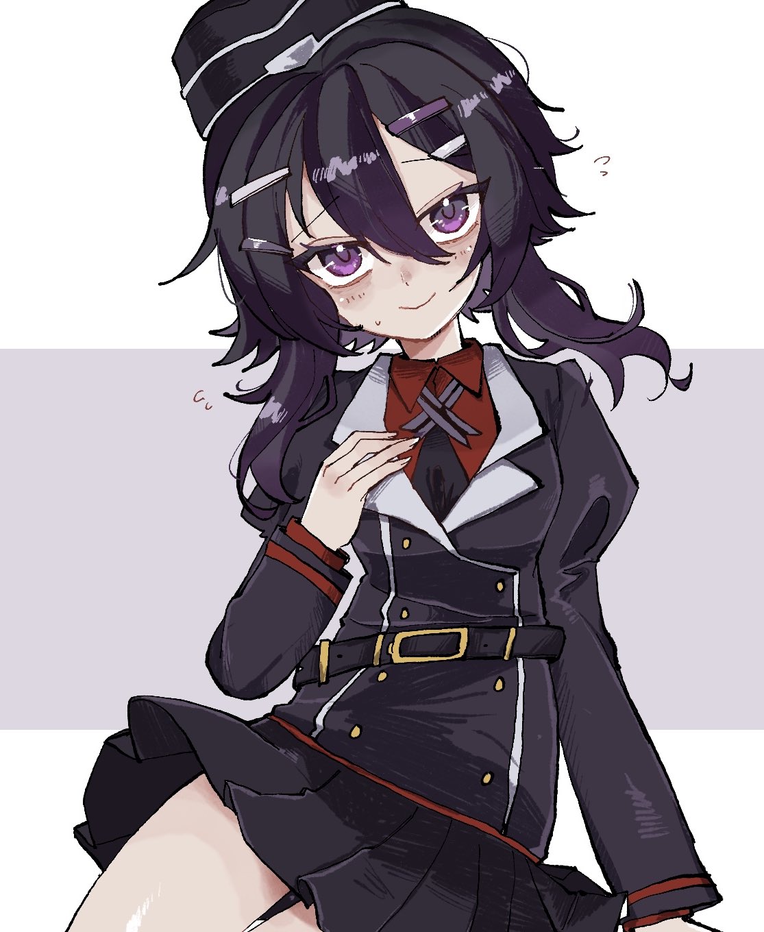 1girl, age_toufu, black_hair, black_hat, black_jacket, black_skirt, blue_archive, collared_shirt, commentary_request, cowboy_shot, fingernails, flying_sweatdrops, garrison_cap, hair_between_eyes, hair_ornament, hairclip, hand_on_own_chest, hand_up, haruka_(blue_archive), hat, highres, jacket, juliet_sleeves, long_hair, long_sleeves, looking_at_viewer, no_halo, pleated_skirt, puffy_sleeves, red_shirt, shirt, simple_background, skirt, smile, solo, violet_eyes, white_background