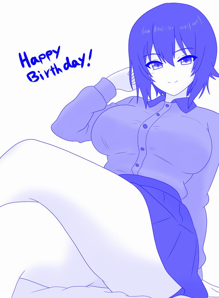 1girl, adjusting_hair, black_skirt, blue_theme, breasts, buttons, collarbone, contrast_collar