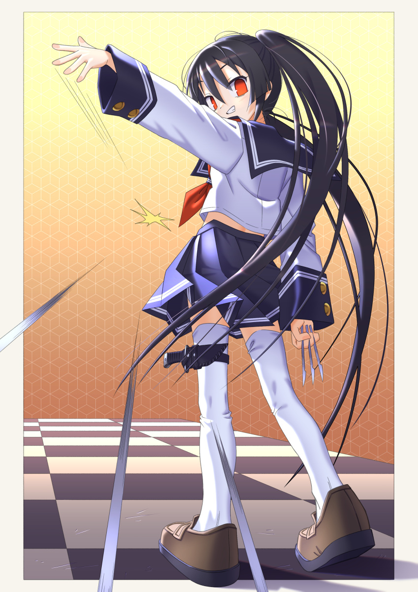 1girl, absurdres, black_hair, black_sailor_collar, border, brown_shoes, commentary_request, commission