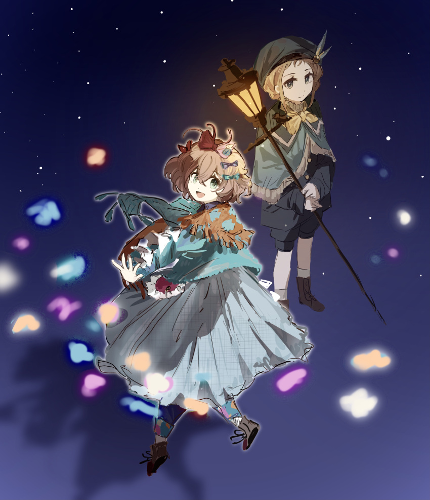 2girls, :d, absurdres, ahoge, ankle_boots, belt, beret, blue_background