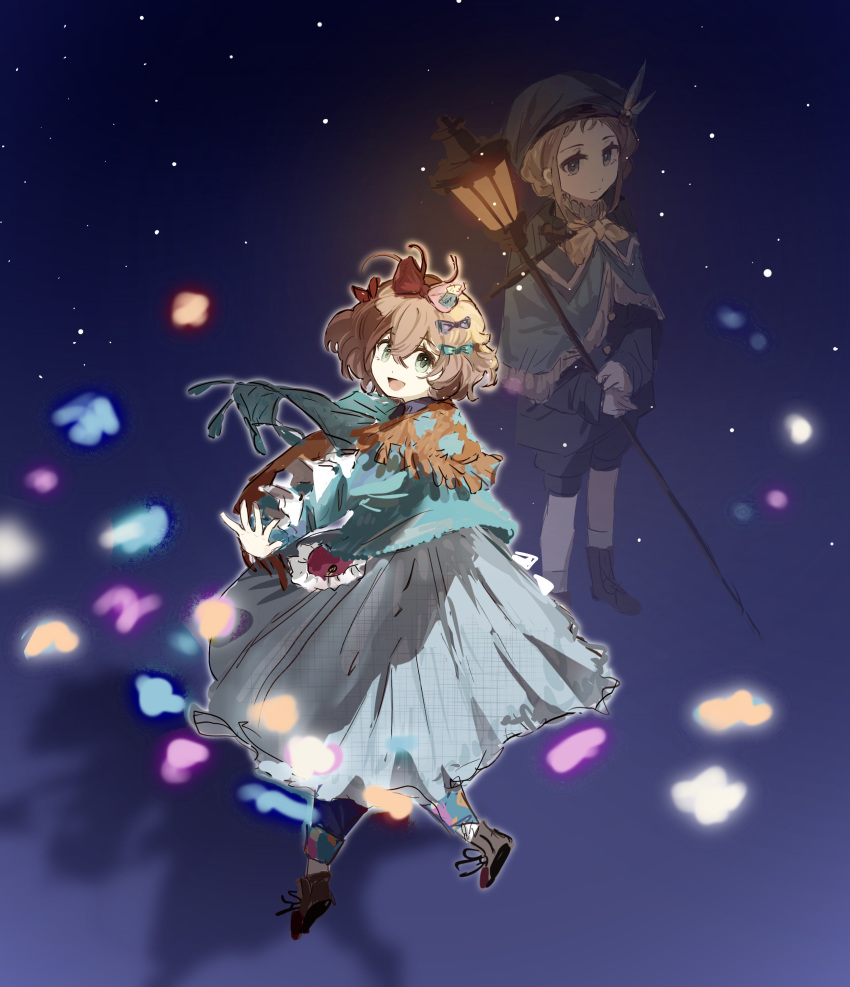 2girls, :d, absurdres, ahoge, ankle_boots, belt, beret, blue_background