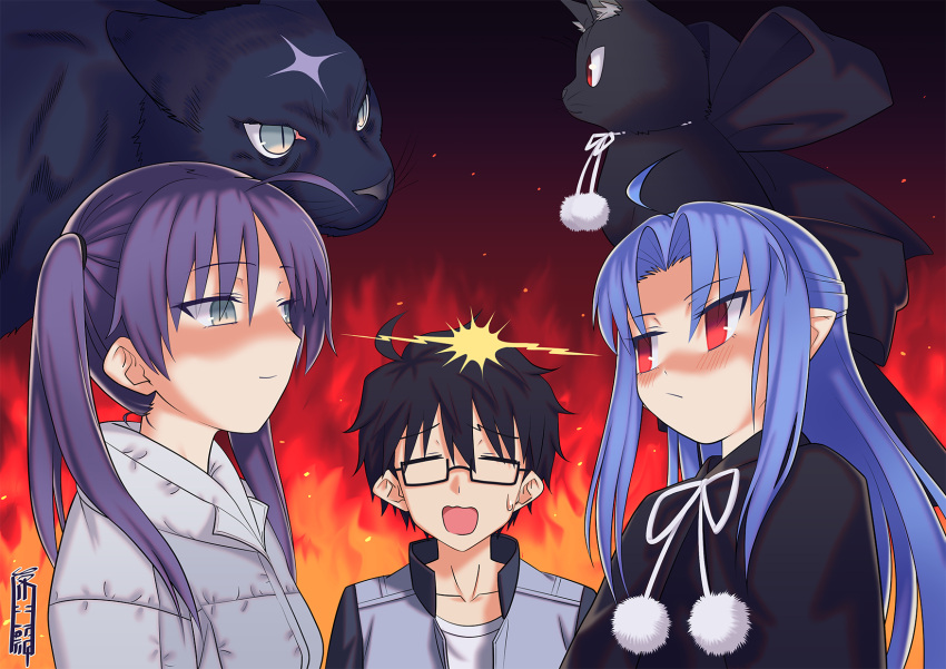 1boy, 2girls, ahoge, black_hair, black_shirt, blue_hair, closed_mouth, collarbone