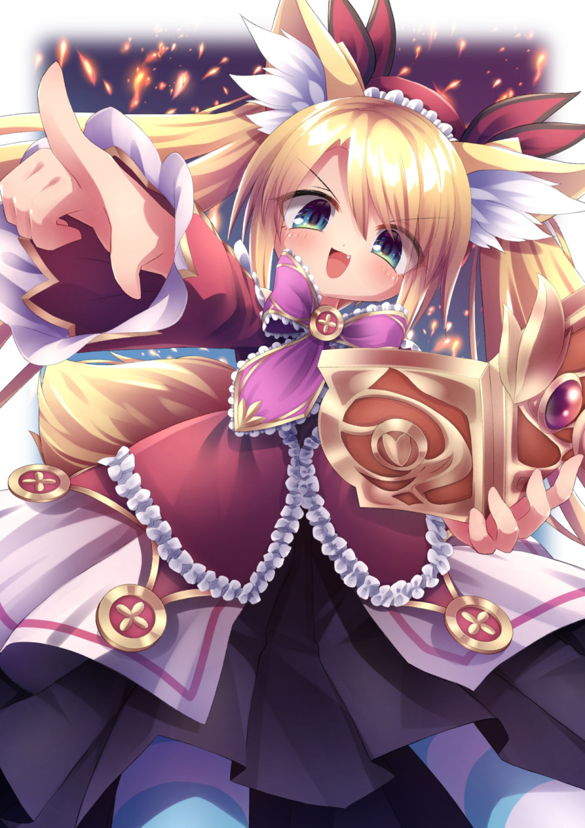 animal_ears, black_skirt, blonde_hair, blue_thighhighs, book, emil_chronicle_online, fang, fox_ears, fox_tail, frilled_jacket, frills, green_eyes, hair_ornament, highres, holding, holding_book, jacket, long_hair, mitama_mei, neck_ribbon, open_mouth, purple_ribbon, ribbon, skirt, smug, striped_clothes, striped_thighhighs, tail, thigh-highs, twintails, yupi828
