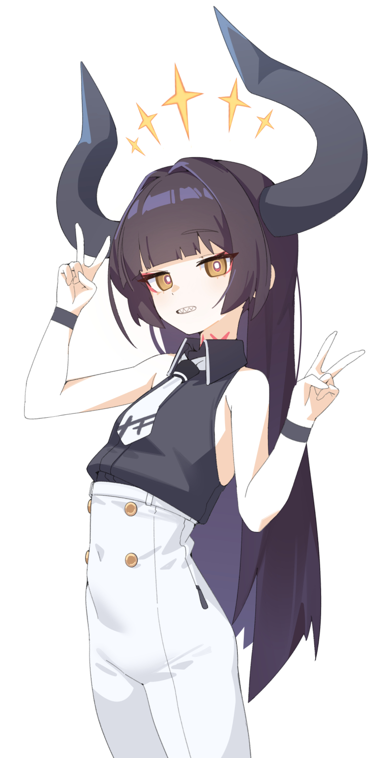 1girl, behalter, black_hair, black_horns, black_shirt, bright_pupils, clenched_teeth, diein_(djmax)