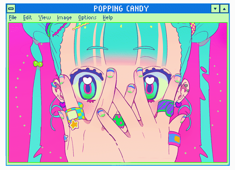 1girl, animated, animated_gif, aqua_eyes, aqua_hair, bandaid, bandaid_on_finger, bandaid_on_hand, blinking, commentary, covering_own_mouth, double_bun, ear_piercing, earrings, gradient_eyes, green_eyes, hair_bun, hair_ornament, hairpin, heart, heart_earrings, heart_in_eye, jewelry, looping_animation, multicolored_eyes, nail_polish, original, piercing, ponytail, solo, star_(symbol), symbol_in_eye, twintails, vivinos, window_(computing)