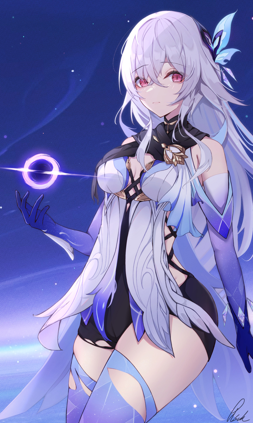 1girl, absurdres, bare_shoulders, black_leotard, black_scarf, breasts, cowboy_shot, crossed_bangs