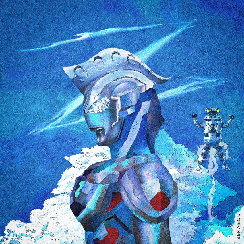 1boy, alien, armor, artist_name, blue_skin, blue_sky, breastplate, clenched_hands