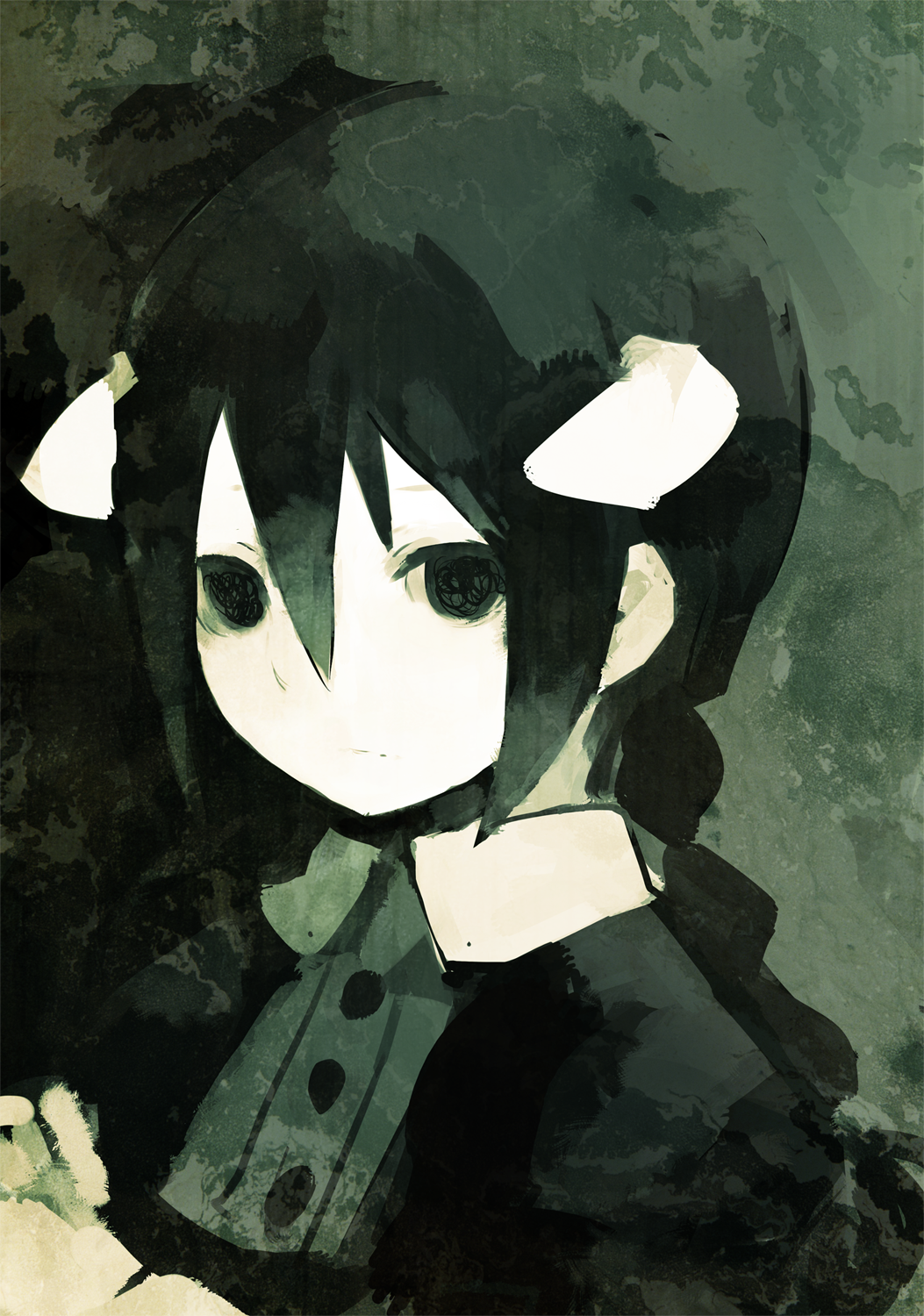 akitaland_gothic, bad_id, black_eyes, black_hair, braid, highres, horns, long_hair, nekotewi, sketch