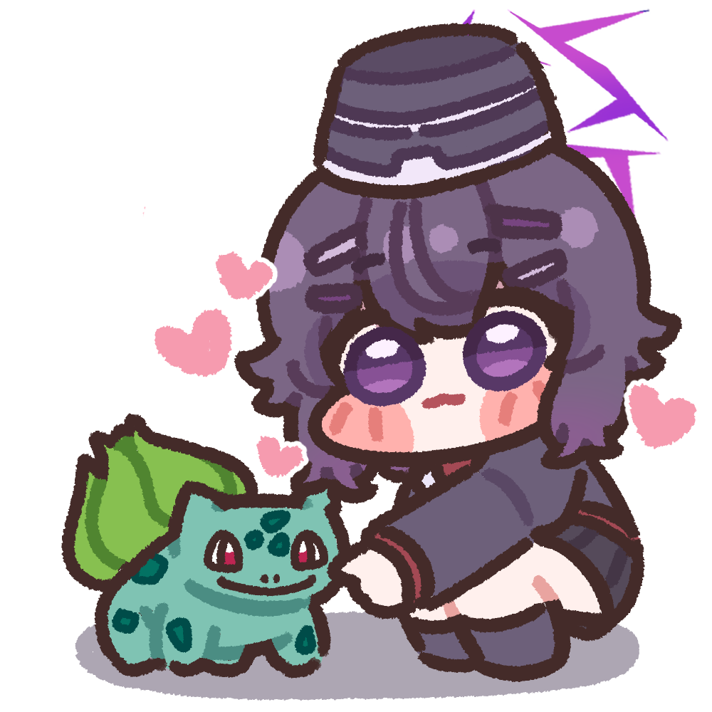 blue_archive, blush_stickers, bugi_33, bulbasaur, chibi, chibi_only, halo, happy, haruka_(blue_archive), heart, looking_at_another, squatting, white_background
