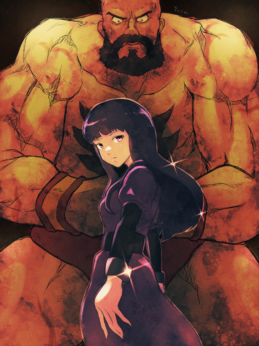 1boy, 1girl, beard, blunt_bangs, dress, facial_hair, full_beard, high_score_girl, highres, looking_at_viewer, muscular, muscular_male, oono_akira, panties, pectorals, purple_dress, purple_hair, red_eyes, red_panties, shredded_muscles, street_fighter, topless_male, underwear, veins, veiny_arms, yuenibushi, zangief