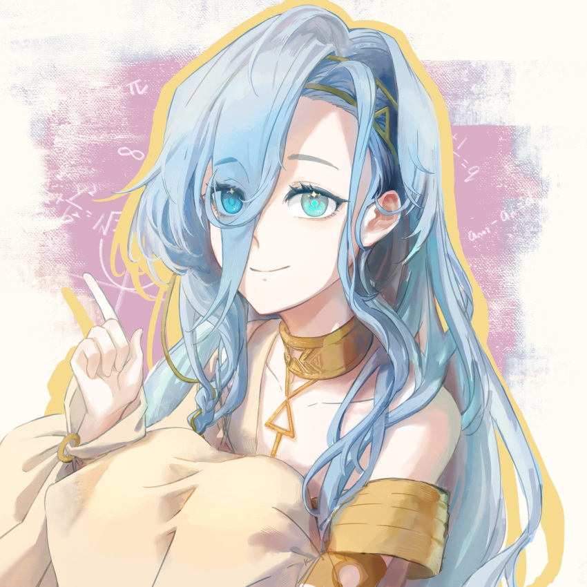 1girl, 37_(reverse:1999), ancient_greek_clothes, armlet, baige059, bare_shoulders, blue_hair, drop_shadow, eyes_visible_through_hair, gold_choker, greco-roman_clothes, hair_over_one_eye, hand_up, highres, index_finger_raised, jewelry, knees_to_chest, long_hair, reverse:1999, smile, solo, toga, upper_body, white_background