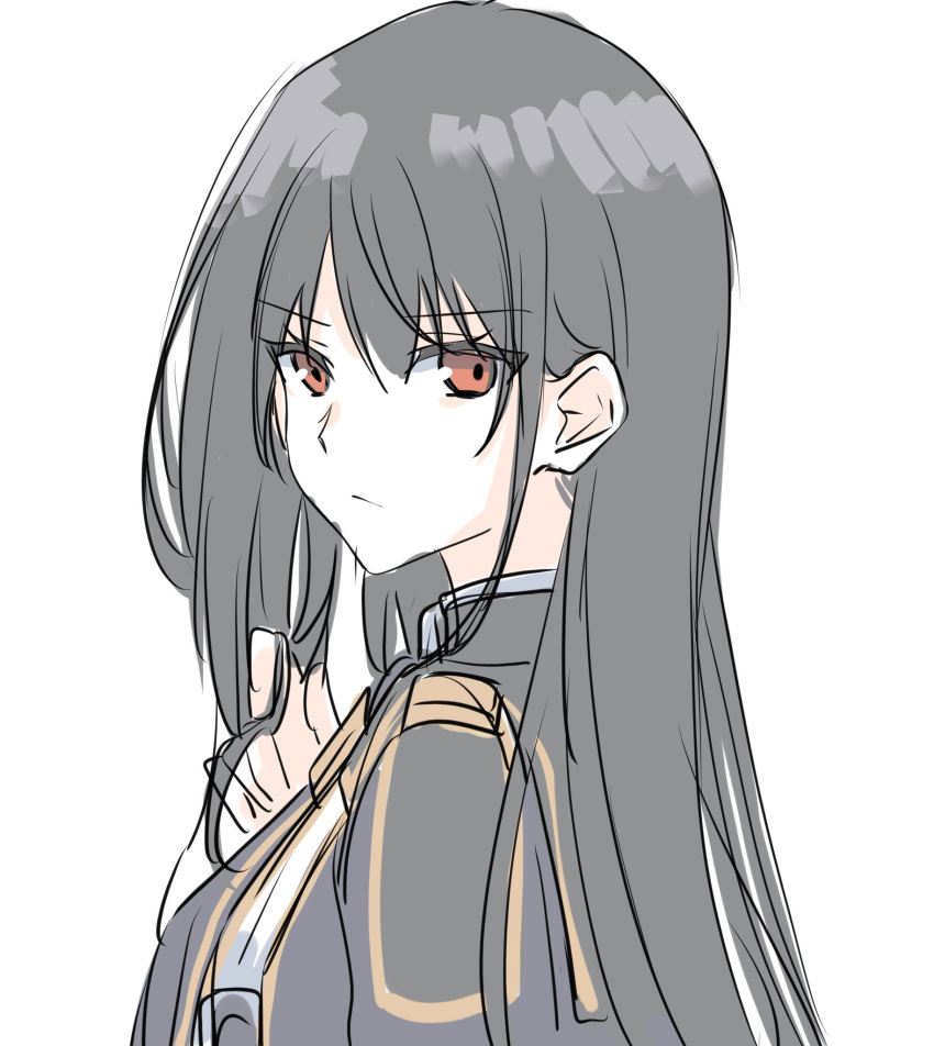1girl, black_hair, claire_kagenou, closed_mouth, kage_no_jitsuryokusha_ni_naritakute!, long_hair, looking_at_viewer, midgar_academy_school_uniform, red_eyes, school_uniform, very_long_hair