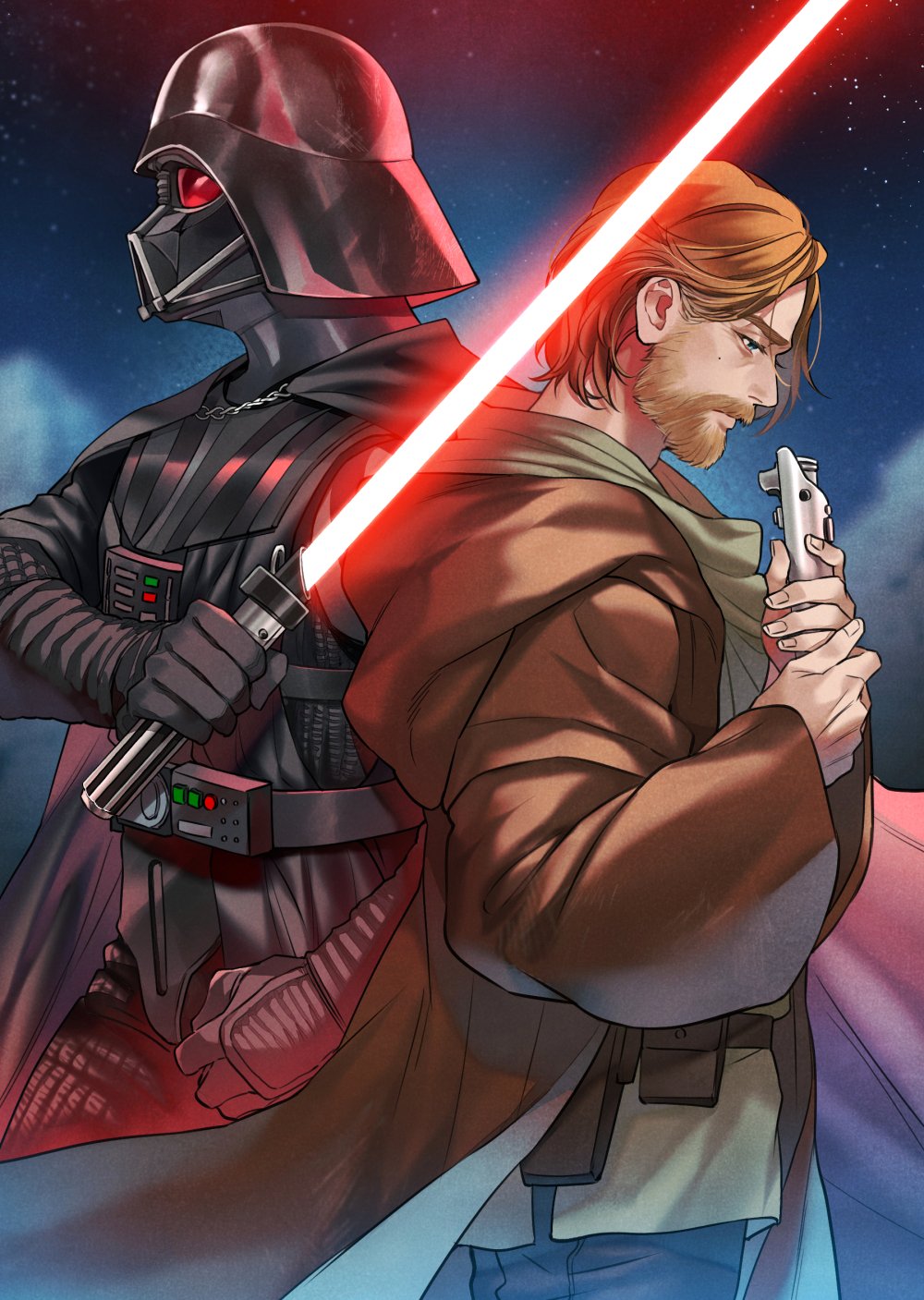 2boys, armor, back-to-back, black_cape, blue_eyes, brown_hair, brown_robe, cape, closed_mouth, commission, darth_vader, energy_sword, fingernails, helmet, highres, holding, holding_weapon, lightsaber, male_focus, mole, mole_on_cheek, multiple_boys, obi-wan_kenobi, pensan, robe, sad, short_hair, star_wars, star_wars:_revenge_of_the_sith, sword, weapon