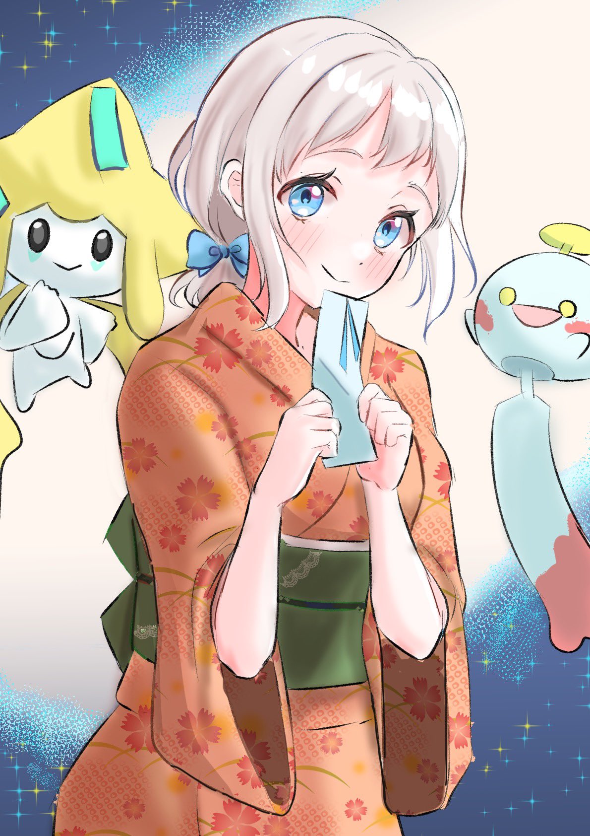 1girl, blush, bow, chimecho, commentary_request, floral_print, floral_print_kimono, gakuen_idolmaster, grey_hair, hair_bow, highres, holding, holding_tanzaku, idolmaster, japanese_clothes, jirachi, katsuragi_lilja, kimono, looking_at_viewer, obi, ojiramiiiii, orange_kimono, pokemon, pokemon_(creature), print_kimono, sash, short_hair, sidelocks, smile, tanabata, tanzaku, yukata