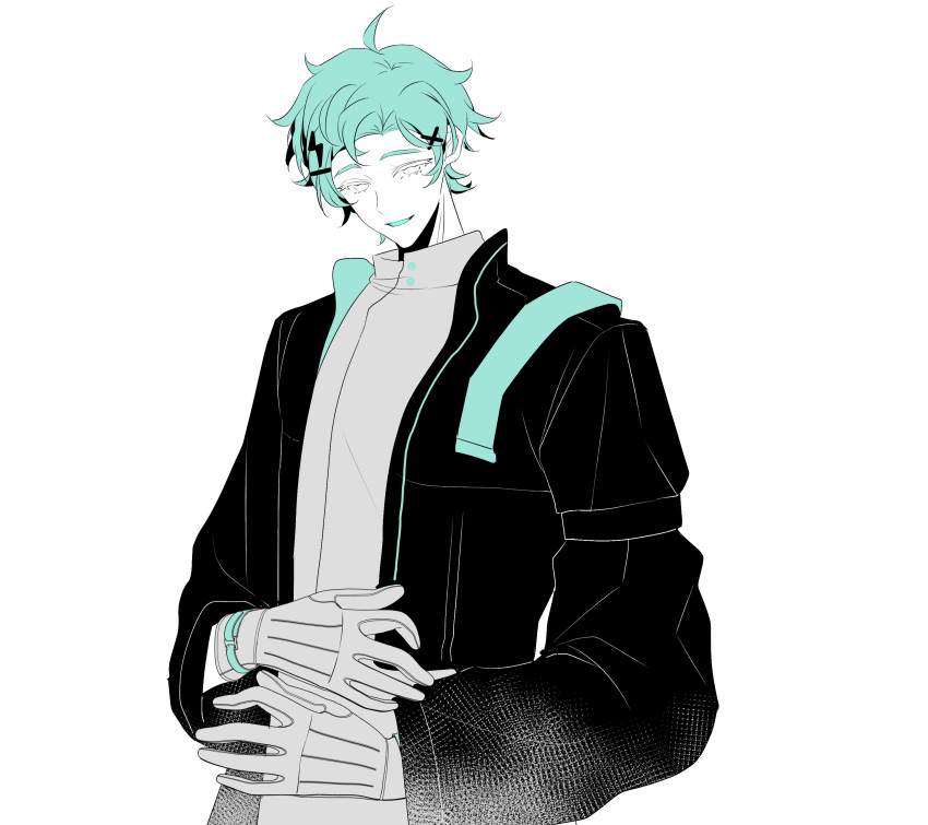 1boy, absurdres, ahoge, aqua_hair, buttons, chinese_commentary, commentary_request, curtained_hair, electric_peashooter_(plants_vs._zombies), gloves, hair_ornament, high_contrast, highres, jacket, lightning_bolt_hair_ornament, lightning_bolt_symbol, long_sleeves, looking_at_viewer, male_focus, no_pupils, open_clothes, open_jacket, open_mouth, partially_colored, personification, plants_vs._zombies, plants_vs._zombies_2, puffy_long_sleeves, puffy_sleeves, raised_eyebrows, shirt, short_hair, siiiiiiiiiii, simple_background, smile, solo, turtleneck, turtleneck_shirt, upper_body, very_short_hair, white_background, x_hair_ornament